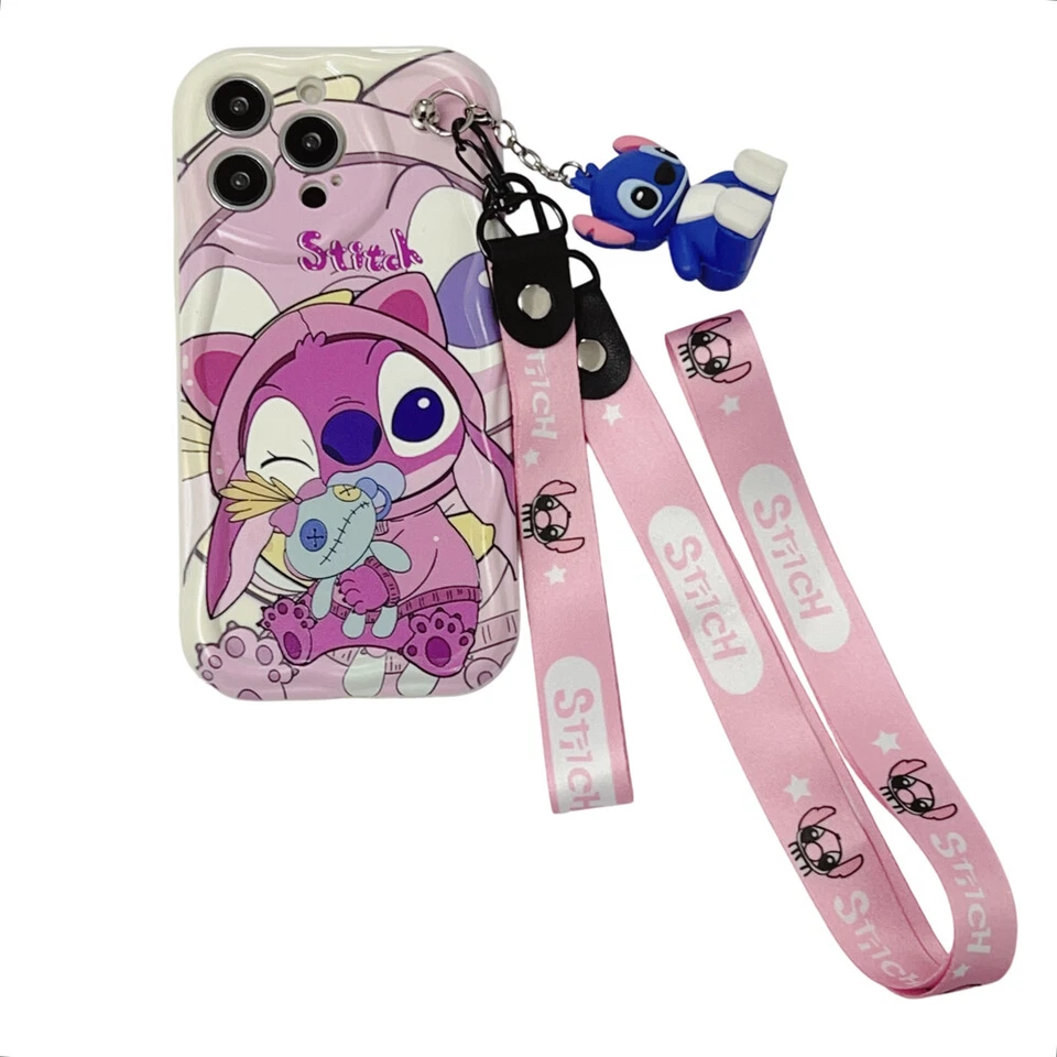 For iPhone Samsung Huawei Cute Cream Stitch Case Phone Cover Doll Stand 2 Straps - Image 4 of 4