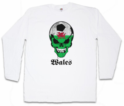WHITE CLASSIC WALES FOOTBALL SKULL FLAG LANGARM T-SHIRT Fan Hooligan