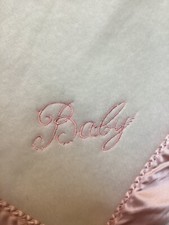 Quiltex White Baby Blanket Acrylic Satin Pink Trim Made in USA Vintage Baby Logo