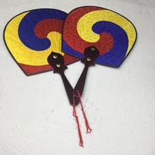 2 Colorful Round Vintage Wooden Handled Non-folding Satin Fans