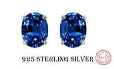 925 Sterling Silver 7 x 5MM Sapphire Oval Cut CZ Stud Earrings