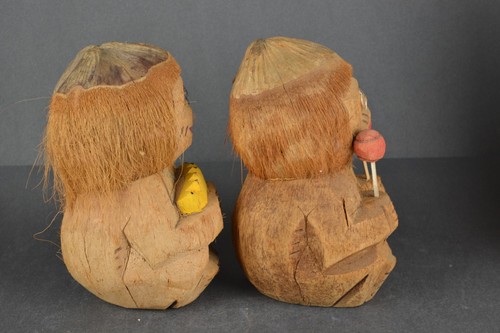 Hand-Carved Tiki Bar Coconut Monkey Sculpture Set Decor Vintage Boy And Girl - Picture 6 of 7