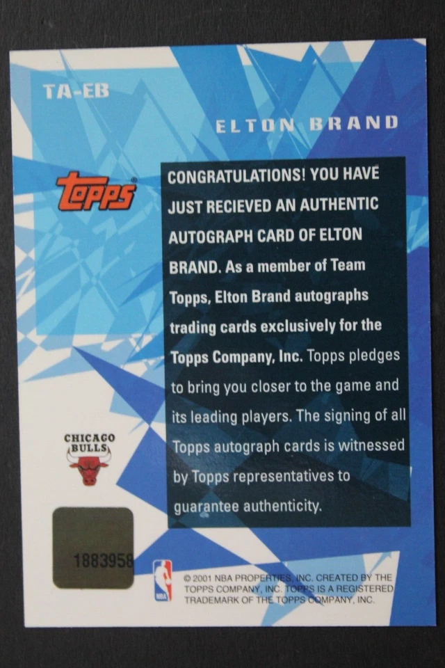 Marca Elton Chicago Bulls Autografiado Firmado 2001 Topps #TA-EB Certificado Automático Foto 2 de 3