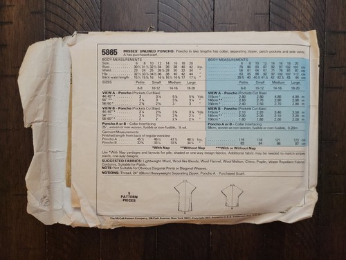 Vintage McCall's Unlined Poncho Pattern #5865 Size Medium CUT - Picture 2 of 4