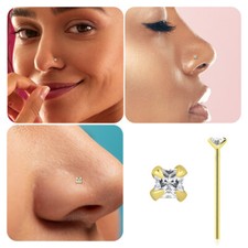 14K Gold 22G 11mm Bendable Fishtail Nose Stud Clear Crystal CZ Nose Jewelry