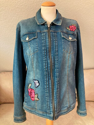 CANDA stylish women's denim jacket XL blue zipper patches