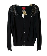 NEW Elle Cardigan Sequins Academia Long Sleeve Button Up Black Lady Luxe Large
