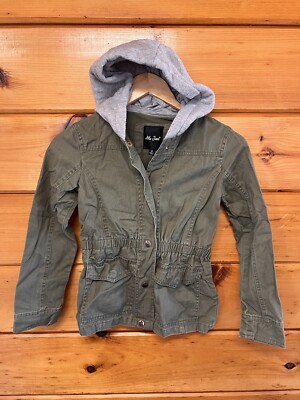 Me Jane -  Green Jacket with Gray Cotton Hooded - Snap on Front Girls Size 10