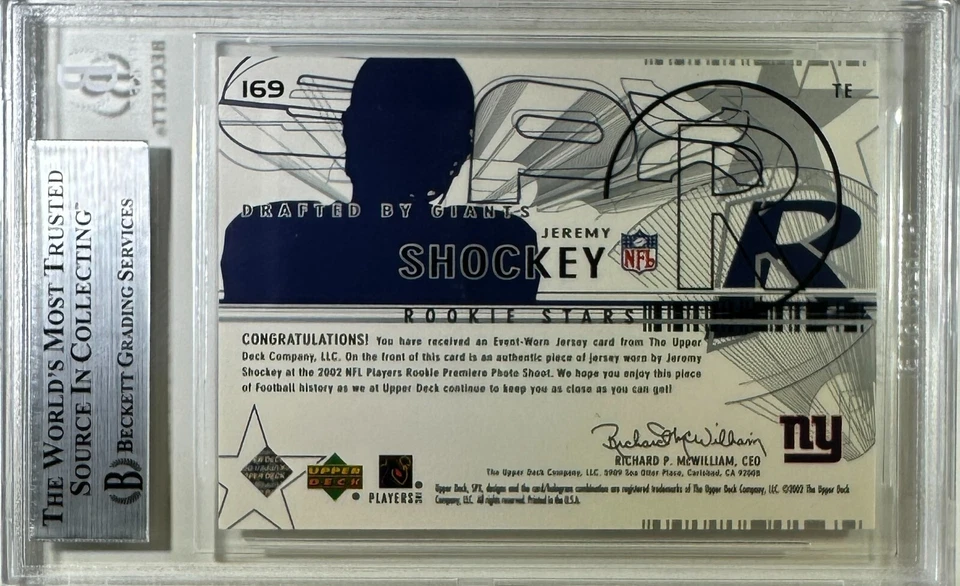 Jeremy Shockey cubierta superior automática 2002 #169 606/999 New York Giants BAS tapa GU RC Foto 2 de 3