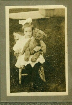 Steiff Bear Adorable Little Girl White Dress & Bow  Weathered Rocking Chair-  B2