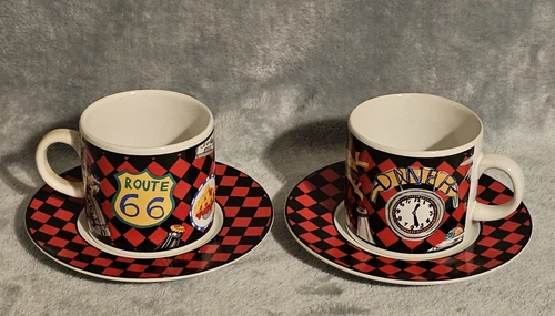 Vintage 1993 Sue Sakura Route 66 Coffee Mugs & Saucers Roadside Souvenir Small