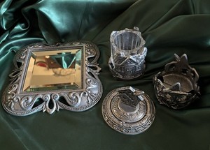 Vtg CARSON PEWTER 1 Mirror 2 Candle Holders (Read) 1 Birdhouse Lid 1 Votive Cup