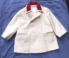 VTG  Toddler app. 12 months Kute Kiddies Ivory /w red velvet collar wool  Coat 