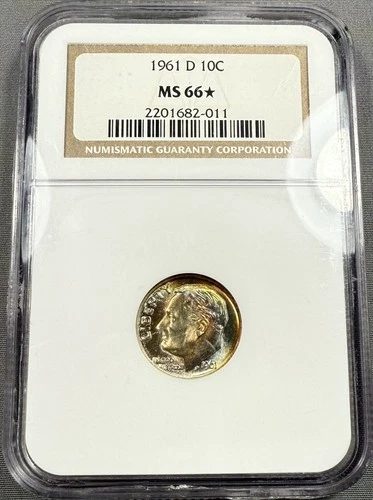 1961-D Roosevelt Dime 10c - NGC MS66* Star - PQ Toned Obverse