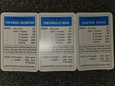 Monopoly 40er Jahre x3 VERPFÄNDLICHE Karten Titelurkunde Ersatzteile Monopoly nur 3 Karten blau
