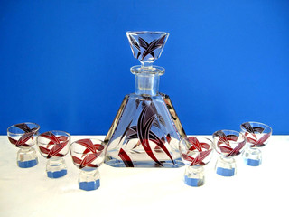 CARL PALDA HAIDA Bleikristall Karaffe 6 Gläschen Böhmen 1930 ART DECO