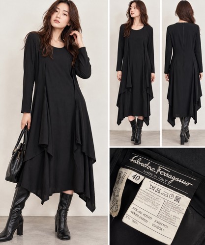 Salvatore Ferragamo, Salvatore Ferragamo 90s Vintage Black Draped Layered Dress 40 Luxury Grunge