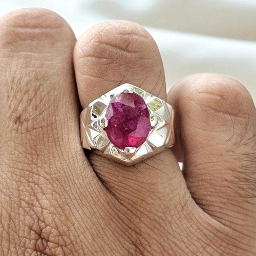 Natural Pink Ruby Mens Womens Silver 925 Ring Art Deco Silver Ruby Yakut Band - Picture 2 of 5