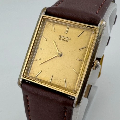 Vintage Seiko Quartz Watch 6530-5079 Men Gold Tone Rectangle Leather New Battery