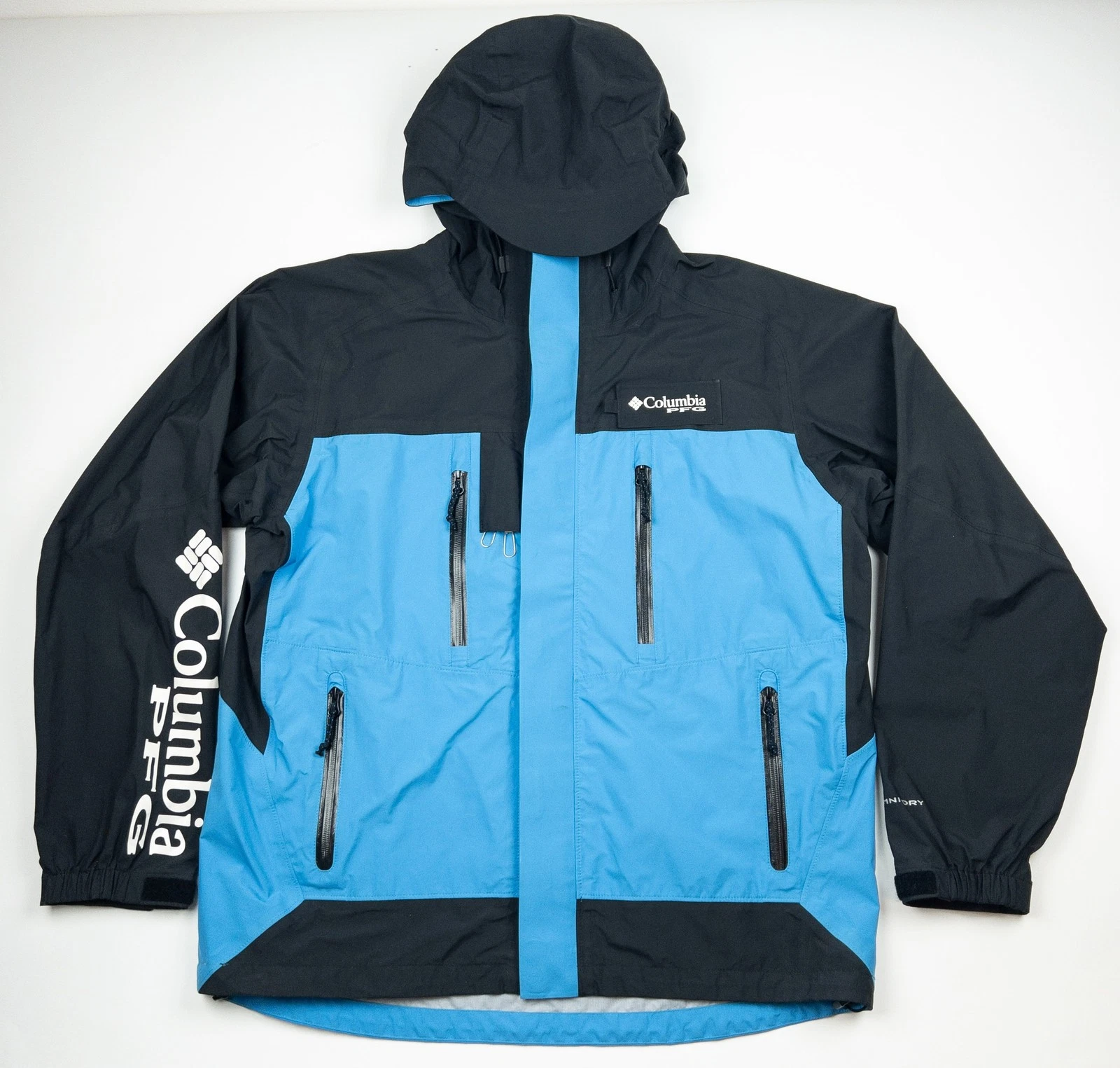 Columbia PFG Supercell Jacket Men Medium Fishing Full Zip Hooded Blue Black Rain