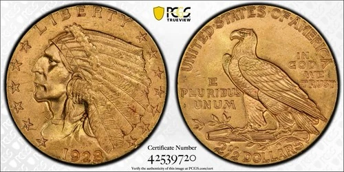 PCGS 1928 MS65 Gold Eagle Indian Head $2.50 Quarter Coin #42539720
