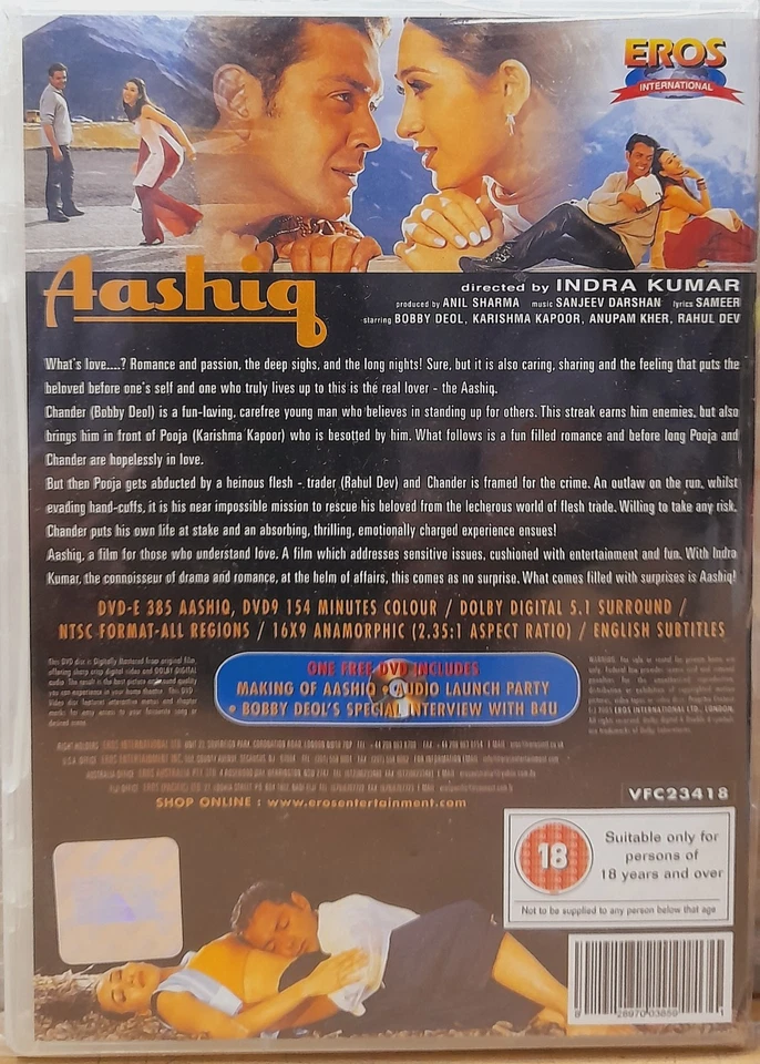 Aashiq - Bobby Deol, Karishma Kapoor - Bollywood Hindi Movie DVD 2-Disc Special - Image 2 of 2