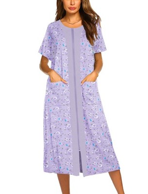 Ekouaer Robes For Women Zipper Front Bathrobe Short Sleeve House Coat Long Ni...