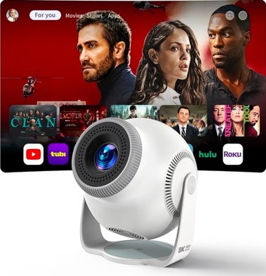 Smart Mini Projector with Android 14 OS, 1080P/4K/8K Video Decoding, WiFi