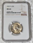 1937 S WASHINGTON 90% SILVER QUARTER DOLLAR NGC MS 64 MS64 SAN FRANCISCO US MINT