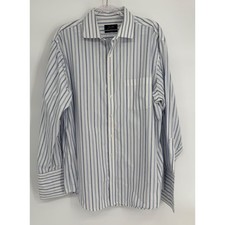 Tasso Elba Mens Regular Fit Non-Iron Blue White Striped Button Down Shirt Sz 17