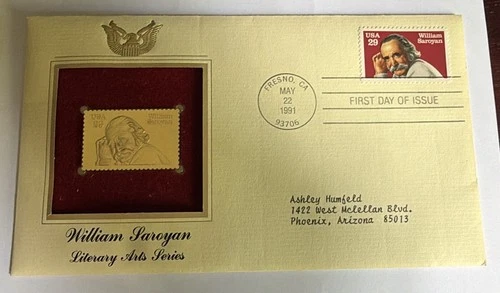 WILLIAM SAROYAN LITERARY ARTS SERIES 1ST DAY ISSUE 1991 Gold Stamp & Envelope CA