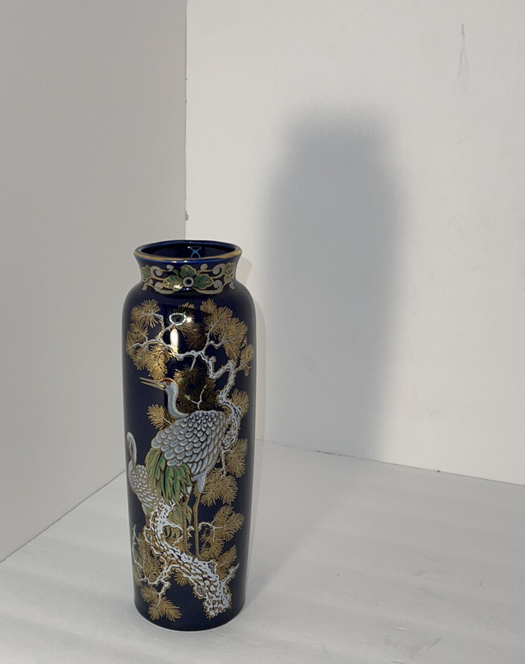 Vintage Artmark Japanese Cobalt Blue Vase with Red Crested Cranes Gold Accents eBay