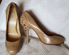 Miu Miu Crystal High HEELS Size US 8 Sparkly BEIGE Leather PARTY Pumps Prada