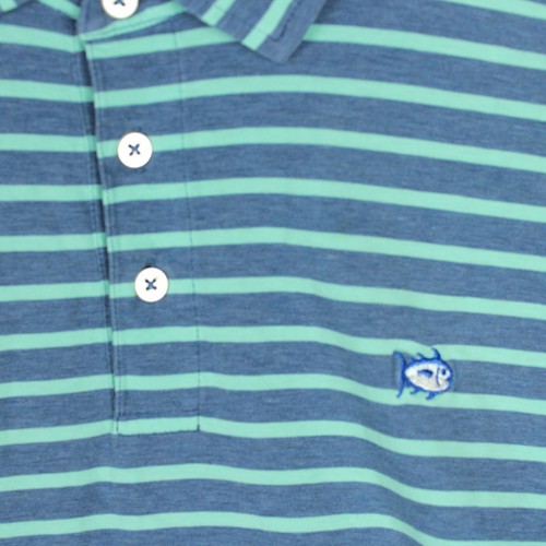 Southern Tide Polo Shirt Mens Medium Blue Striped Pima Cotton Blend Performance - Picture 4 of 11