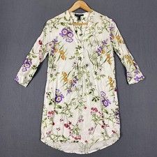 Forever 21 Shirt Dress Women's S White Floral 3/4 Sleeve V-Neck High-Low Tunic