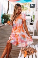 Oddi Women Orange Multicolor Tie Dye V-Neck Button-Up Babydoll Dress L