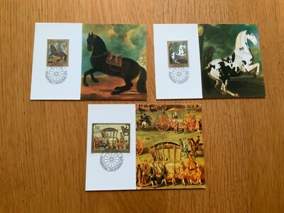 3 Sonderbriefmarken Maximumkarten  Liechtenstein 7. Dezember 1987 Pferde Kutsche