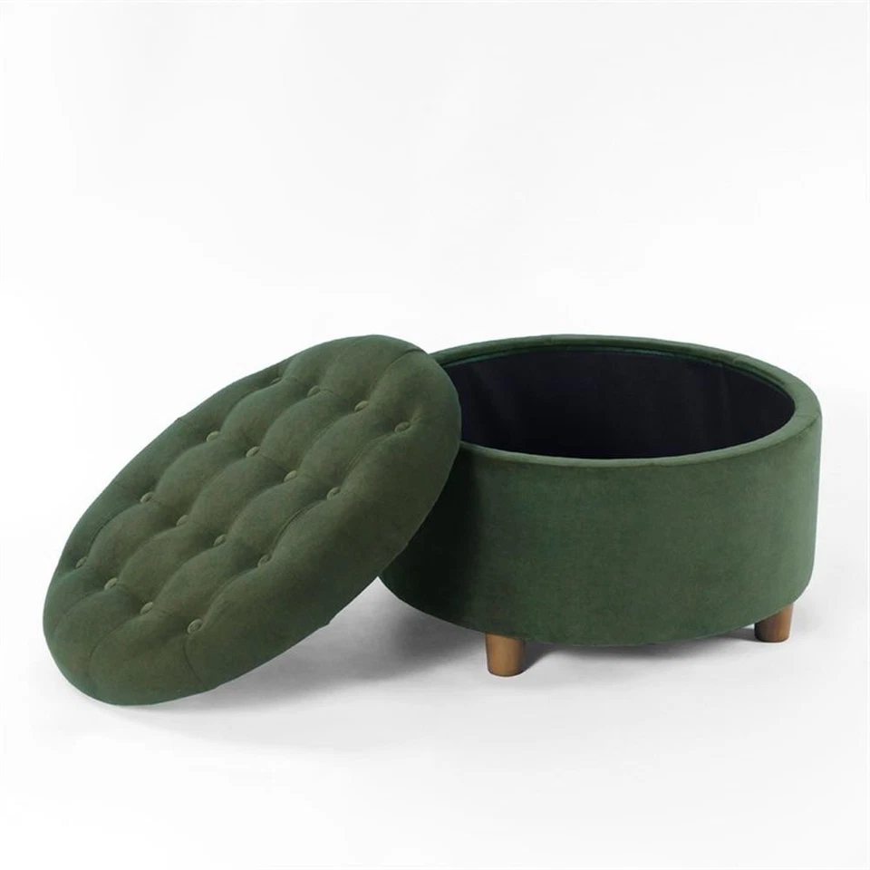 HomePop 17" Transitional Round Fabric Storage Ottoman in Loden Green - Image 3 of 4