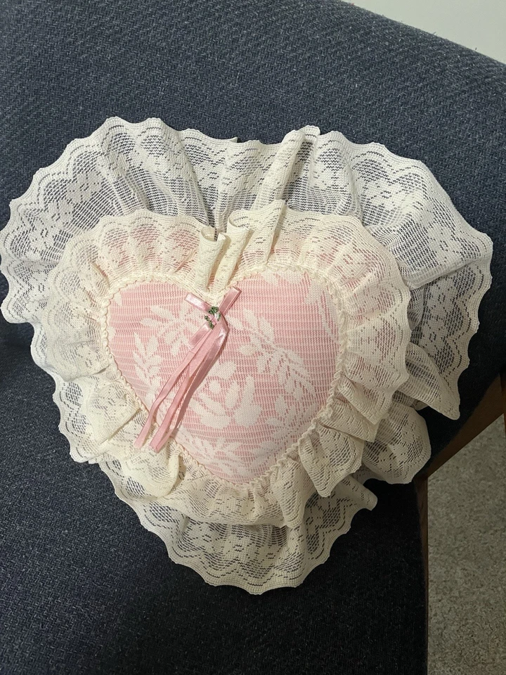 Heart-Shaped Lace with Ribbon Trim Decoration, Victorian, Romantic, Throw Pillow - Image 2 of 4