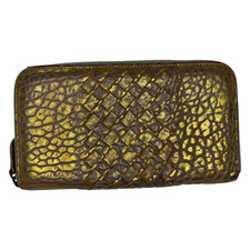Bottega Veneta Women Intrecciato Lambskin Zip-Around Gold Leather Long Wallet