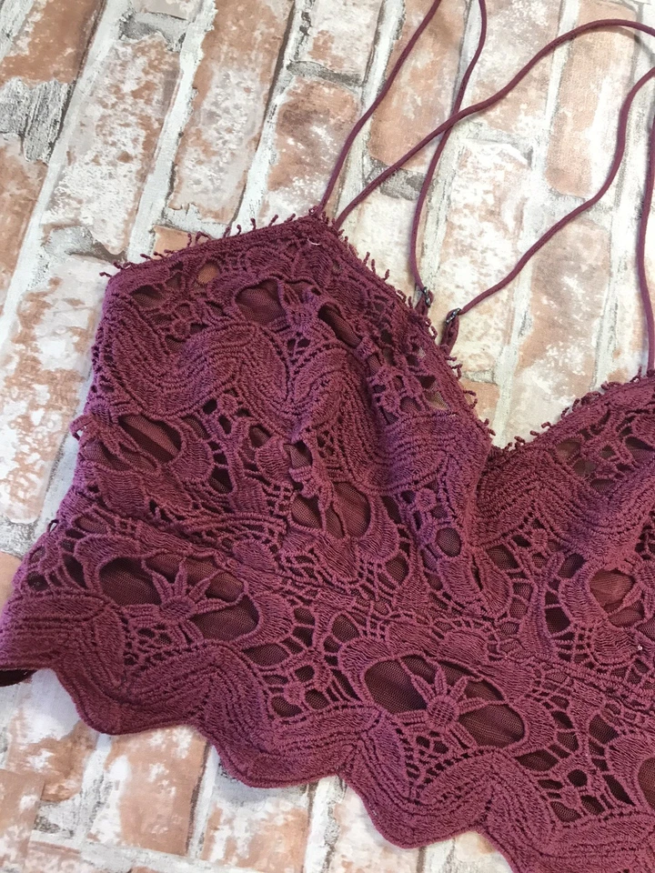Y2K Free People Burgundy Bralette S/P Floral Strappy Crochet Lace Boho Crop Top - Image 3 of 4