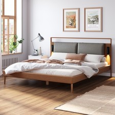 Brown&Gray Leather Full Size Bed with 2pcs Night Lights