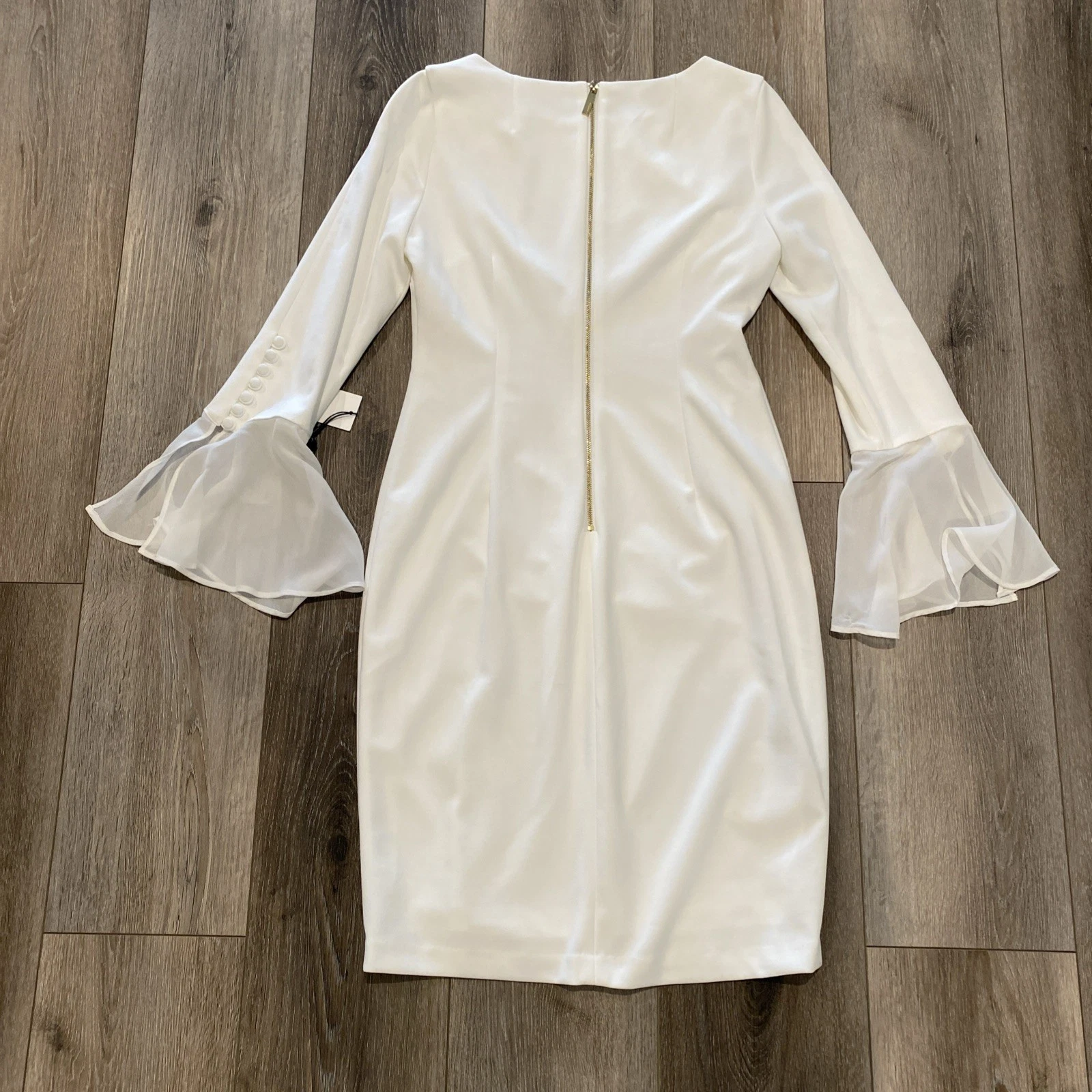 OFF WHITE Tubino chiffon Calvin Klein nuovo con etichette taglia 6 Petite abito manica a campana bianco sporco