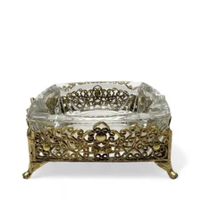 Vintage Gold Ormolu Hollywood Regency Scroll Ornate Metal Footed Ashtray #1