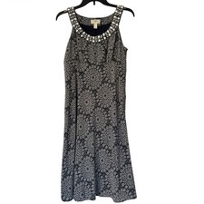 LOFT Blue Radial Design Patterned Midi Dress Jewel đź’Ž Rhinestone - Size 8