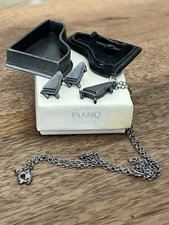 VTG Torino Pewter Piano Jewelry Set Necklace,Earrings,Brooch,Trinket Box 8.5"