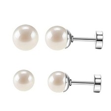 2 Pairs Pearl Stud Earrings, Titanium Flat Back Earrings 4mm 6mm Silver Pearl