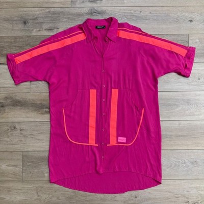 BUKEZY Pink Neon Trim Oversized Shirt Dress Tunic Button Down Streetwear