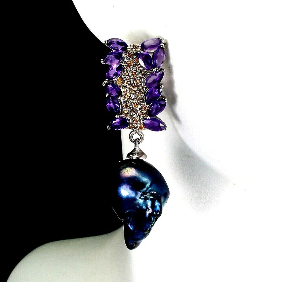 PENDIENTES DE PERLAS BARROCAS Y AMATISTA CON BRILLO DE PAVO REAL PLATA DE LEY .925 14K WGP Foto 2 de 3