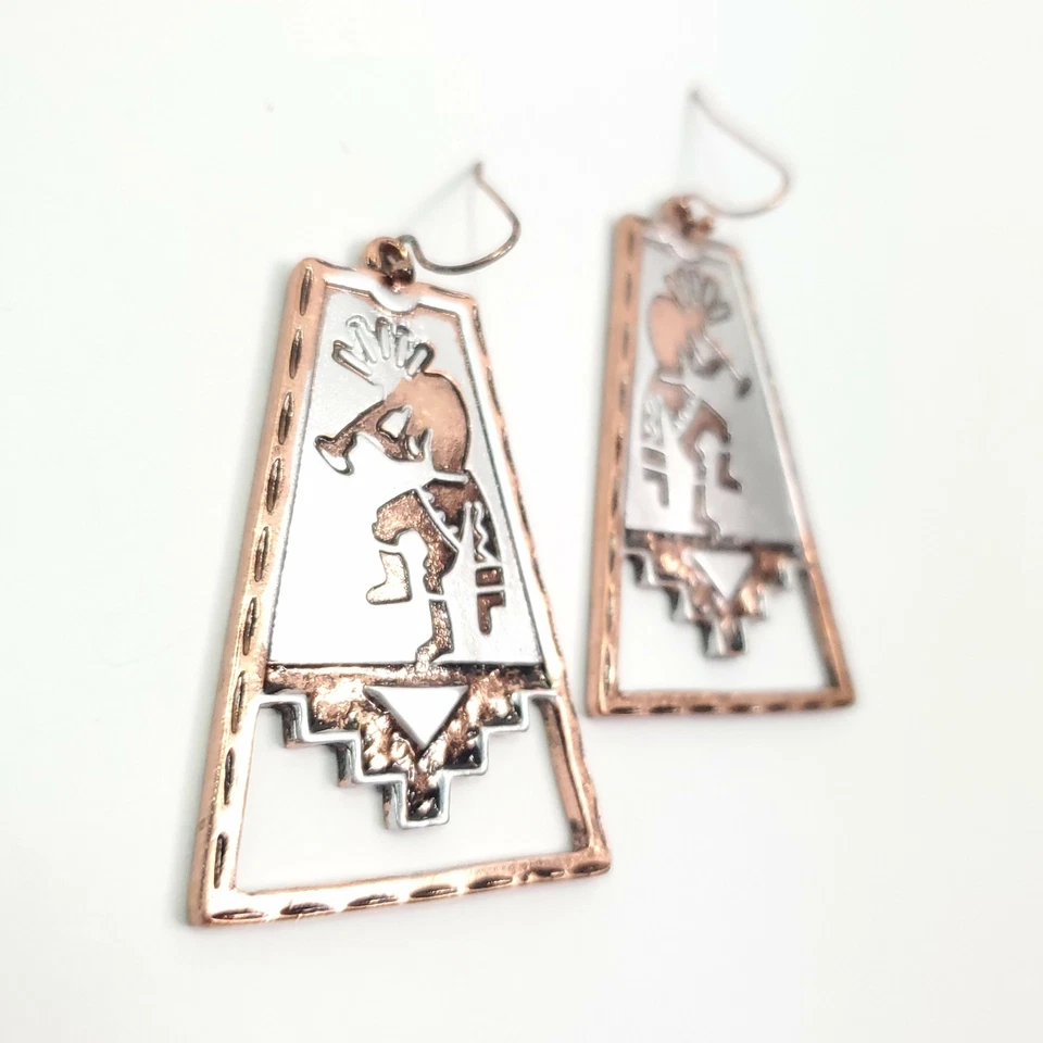 Pendientes colgantes antiguos Kokopelli trapezoidales tono cobre I04 Foto 3 de 4